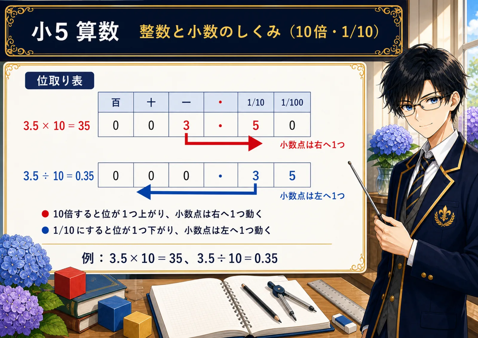 整数と小数のしくみ（10倍・1/10）の図解