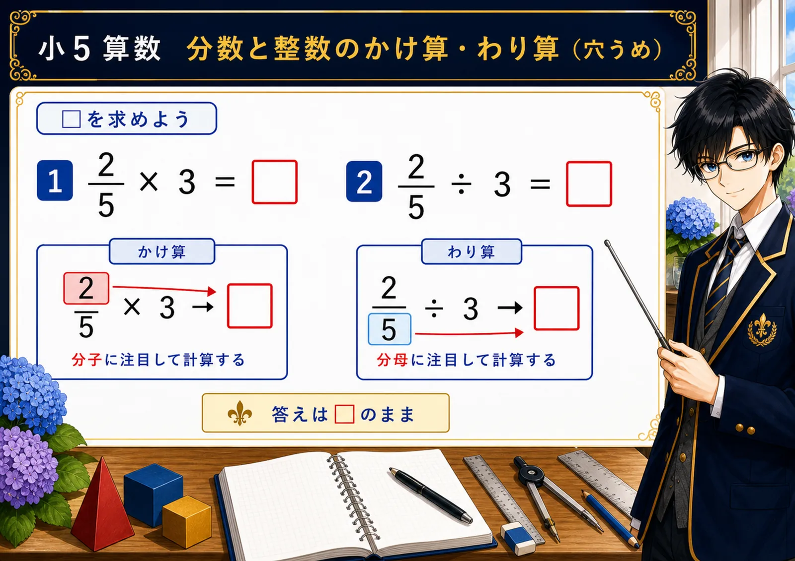分数と整数のかけ算・わり算（穴うめ）