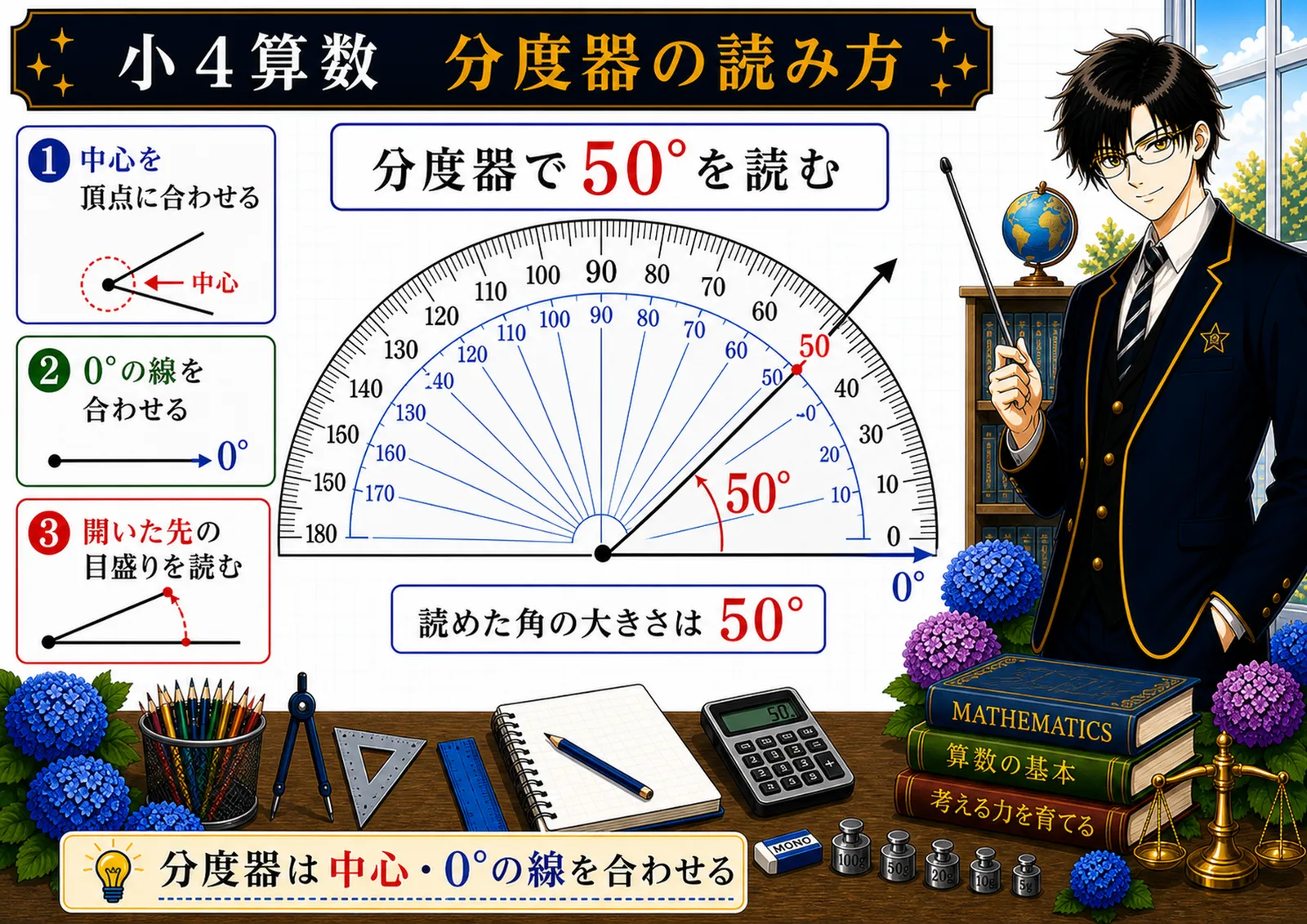分度器の読み方の図解