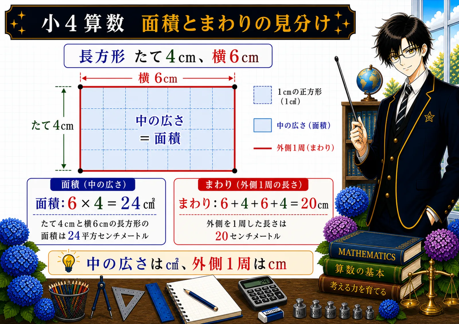 面積とまわりの見分けの図解