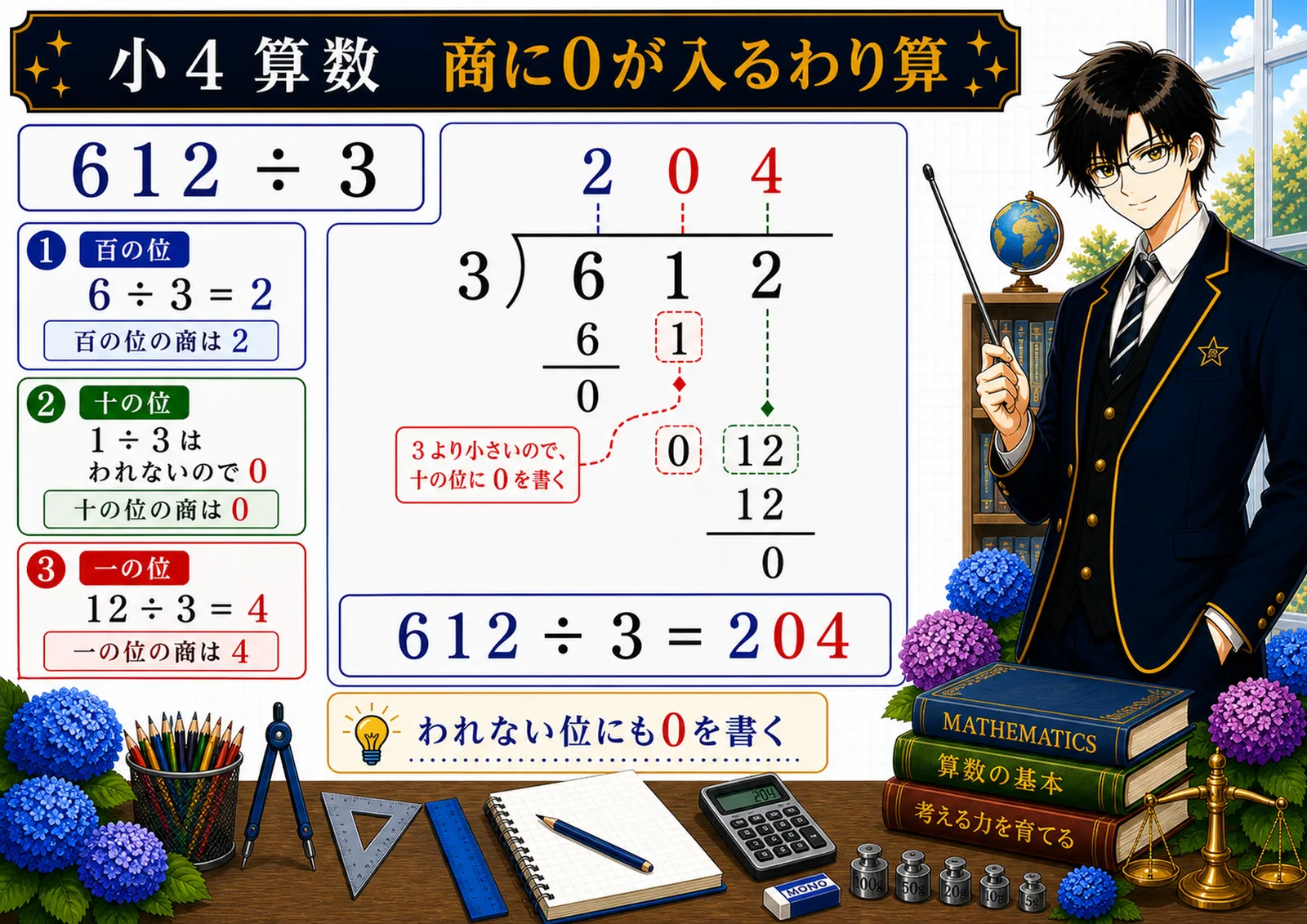 商に0が入るわり算の図解