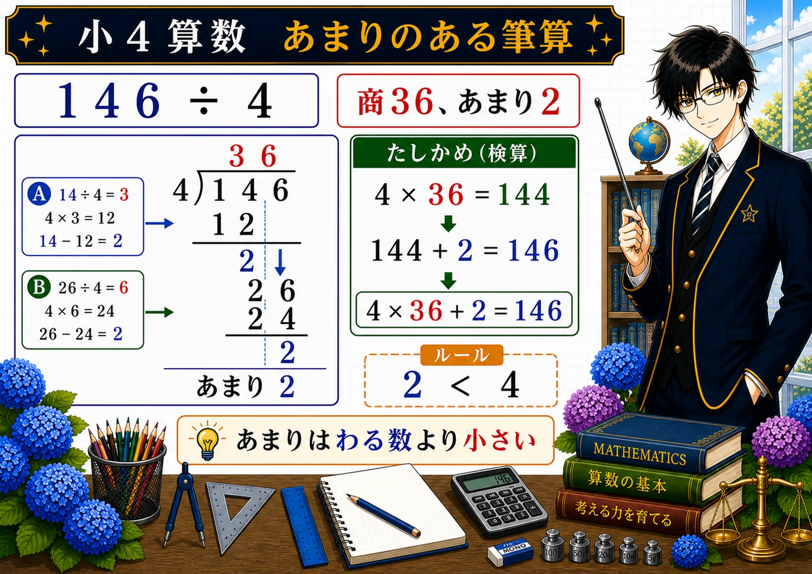 あまりのある筆算の図解