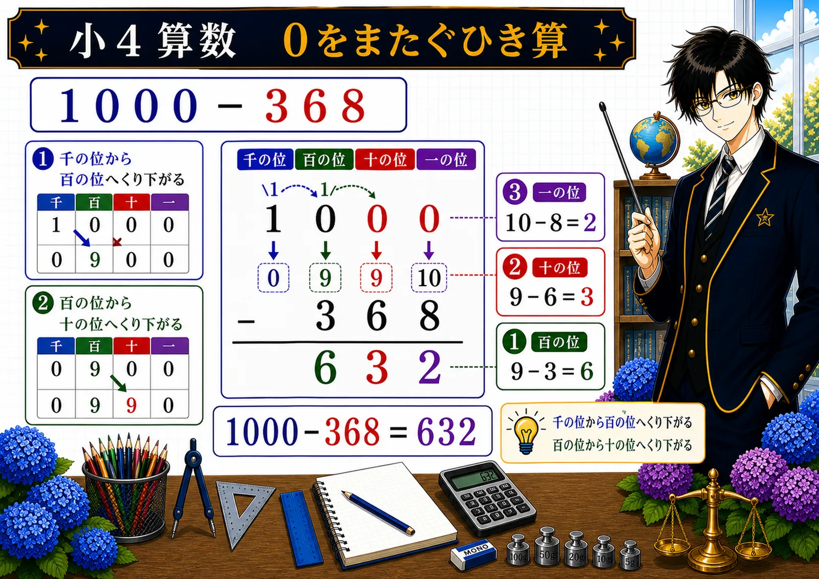 0をまたぐひき算の図解