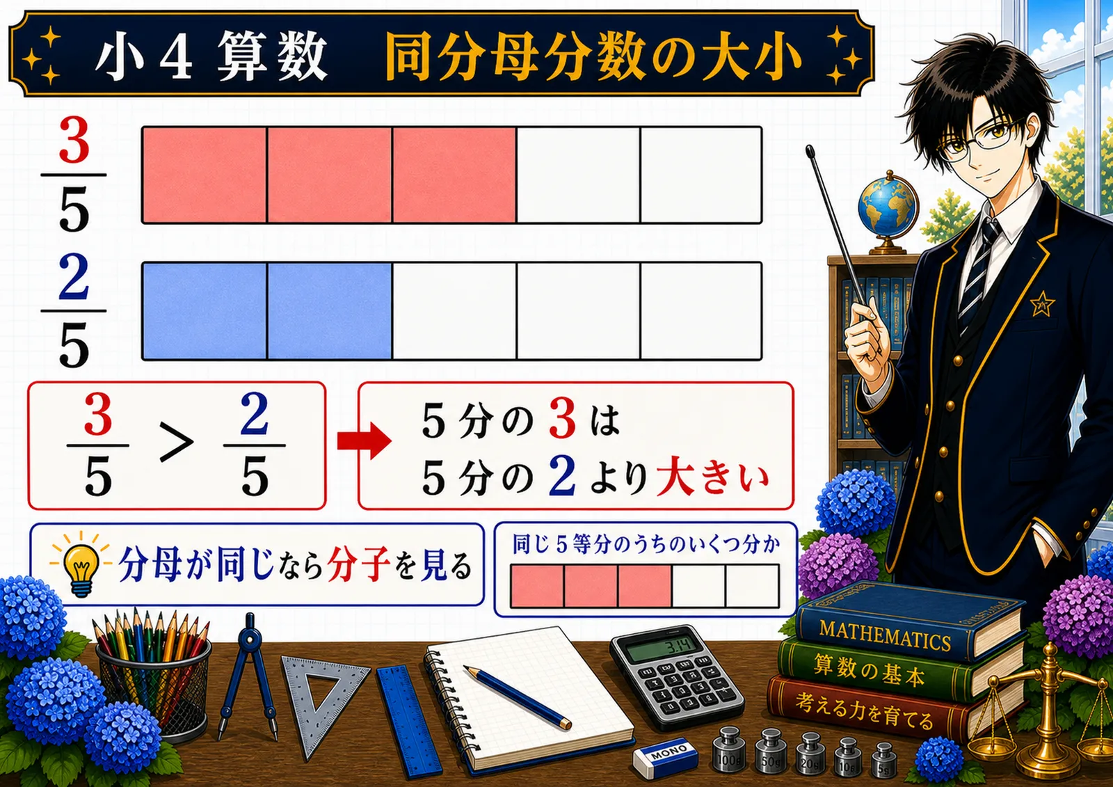 同分母分数の大小の図解