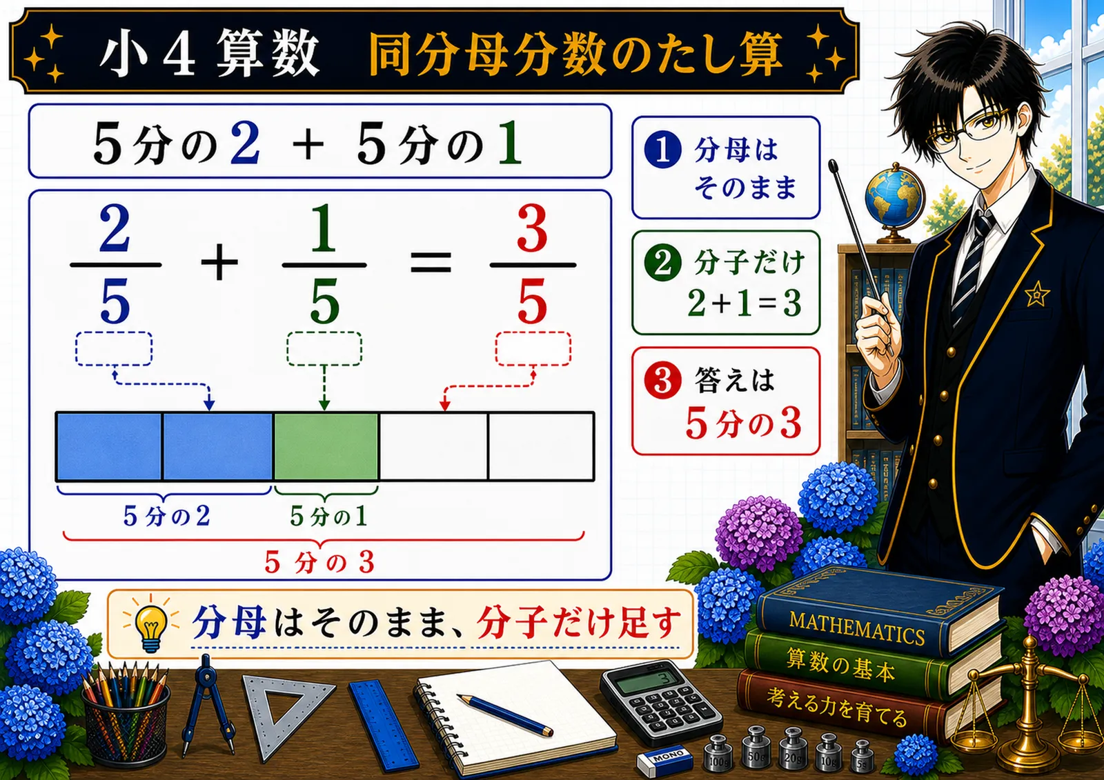 同分母分数のたし算の図解