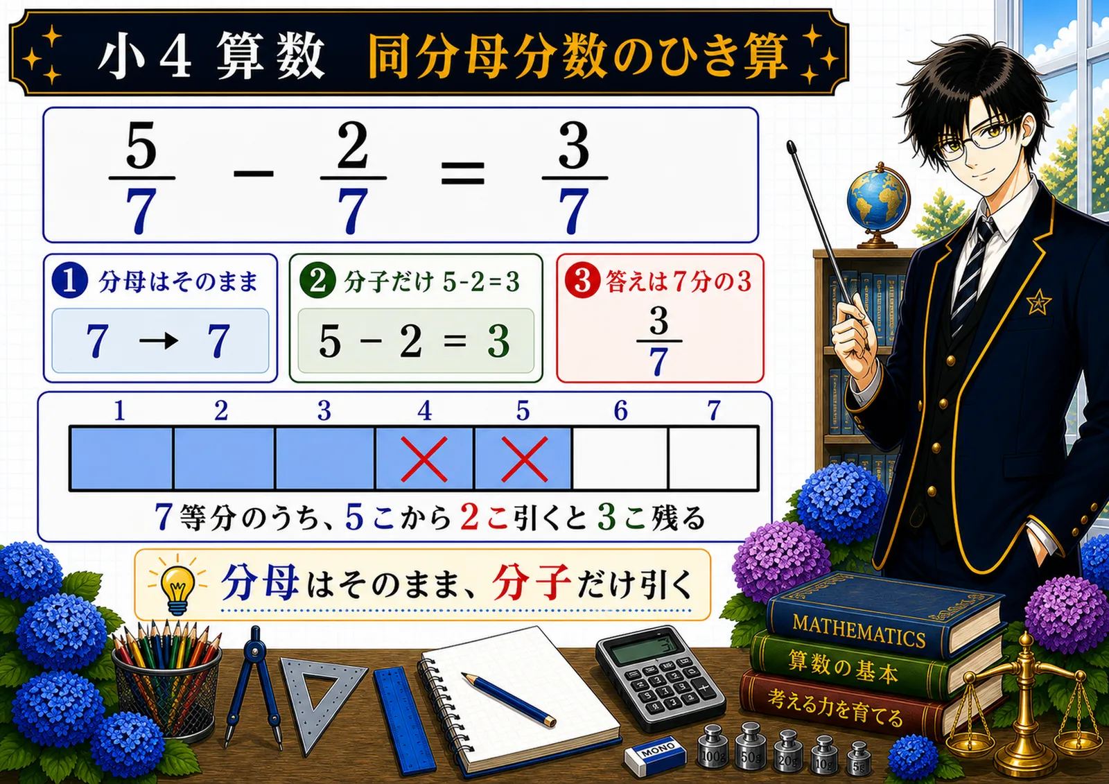 同分母分数のひき算の図解