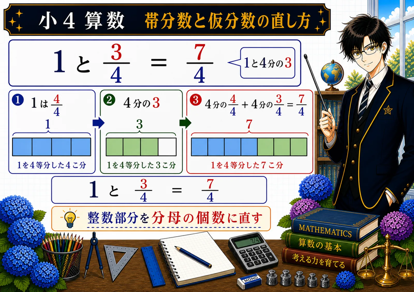 帯分数と仮分数の直し方の図解