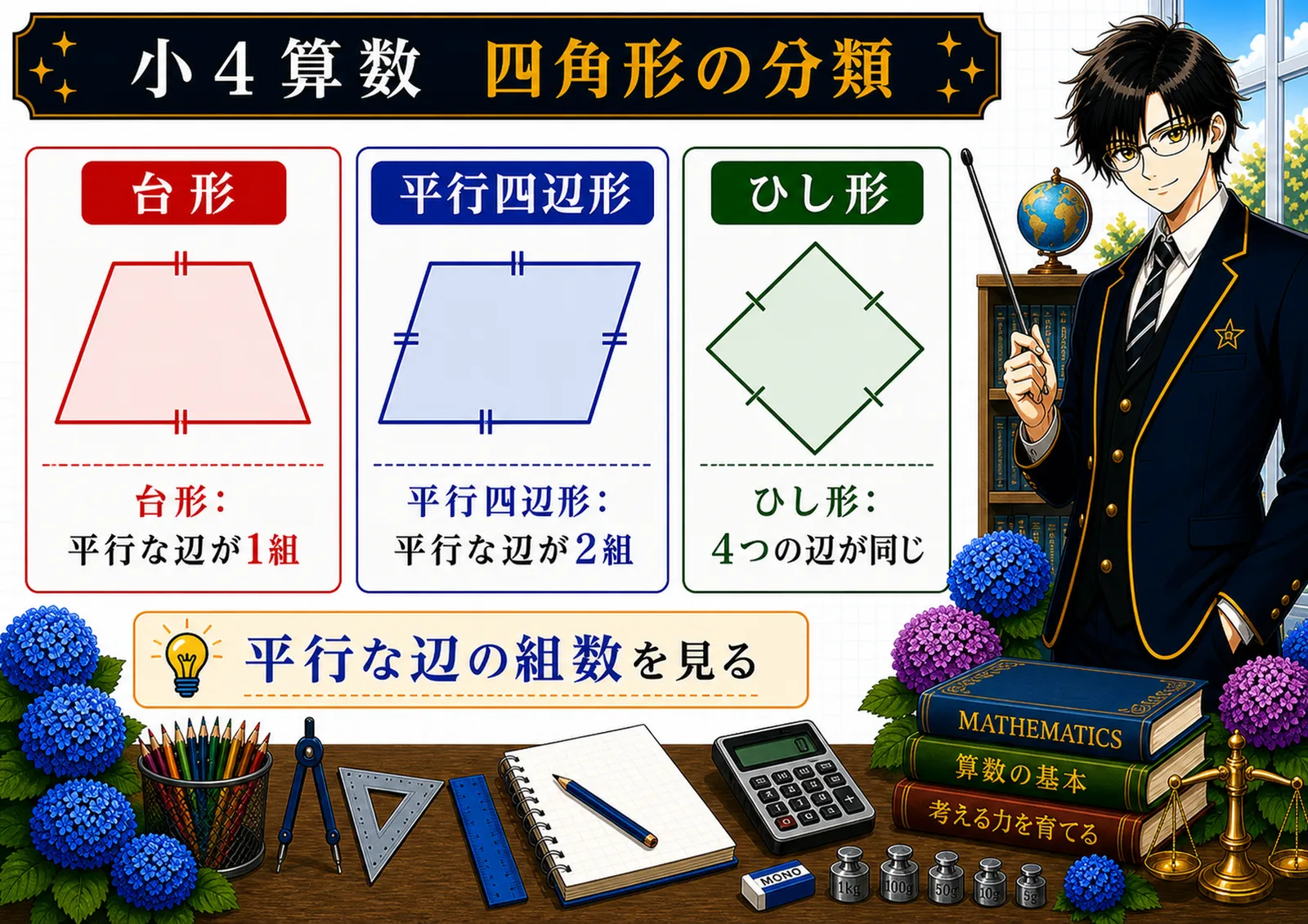 台形・平行四辺形・ひし形の図解