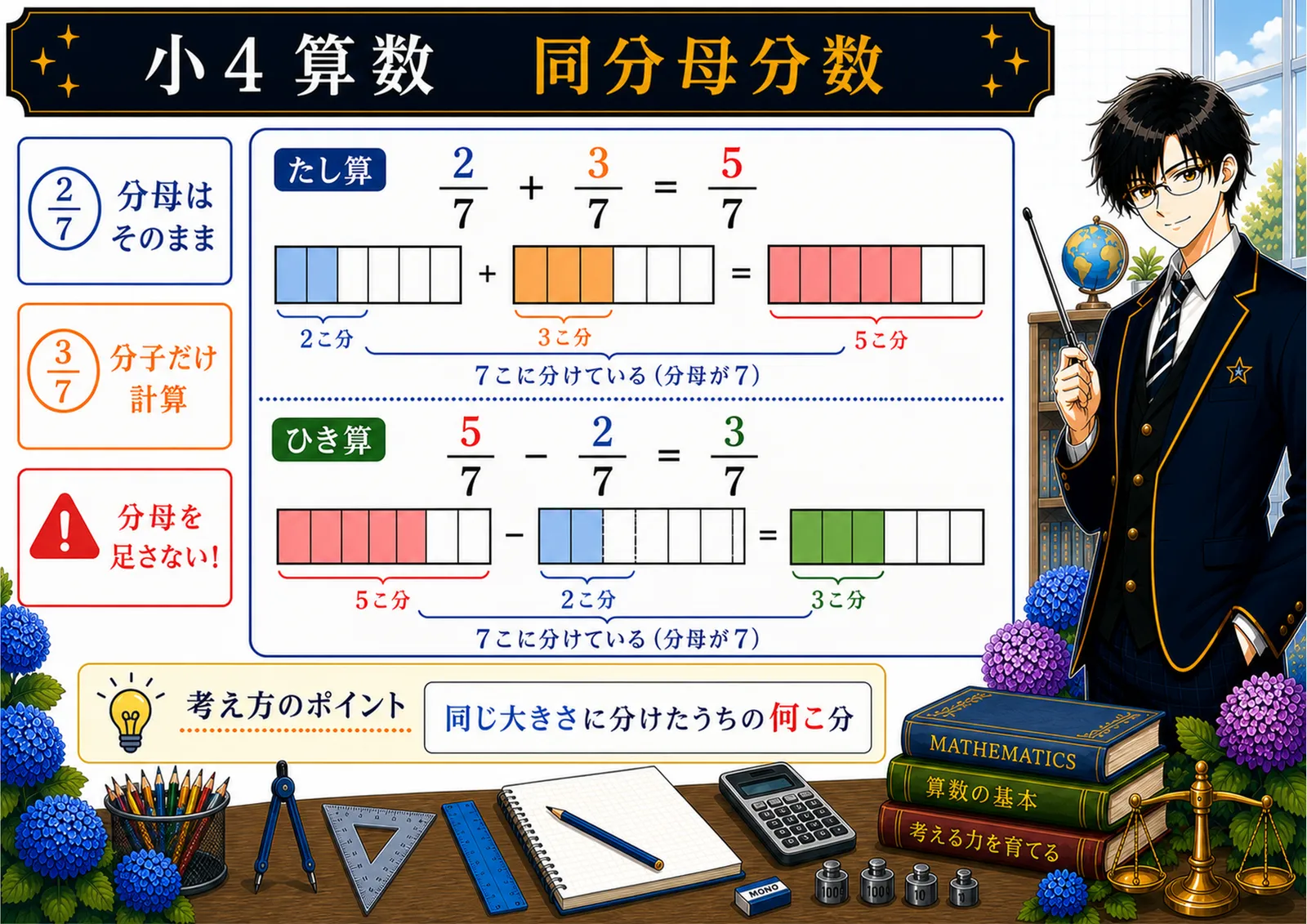 同分母分数の加減の図解