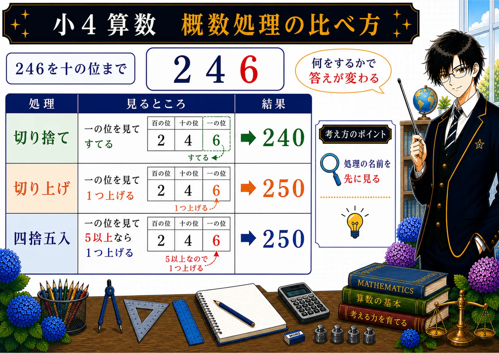 切り上げ・切り捨て・四捨五入の図解