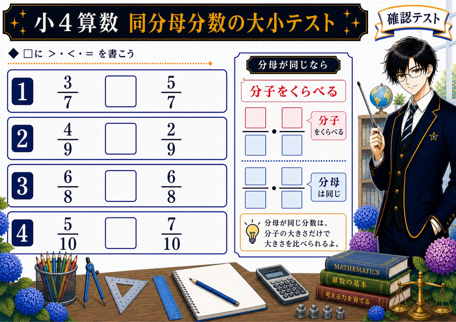 同分母分数の大小テスト