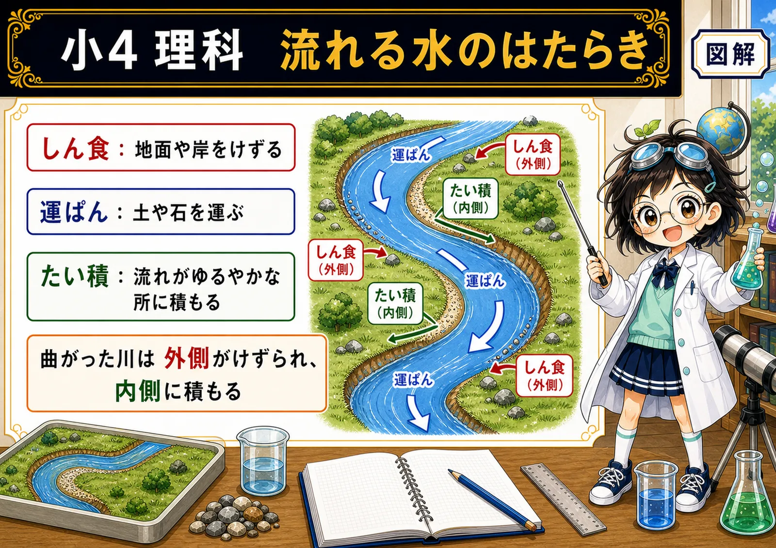 流れる水のはたらきの図解