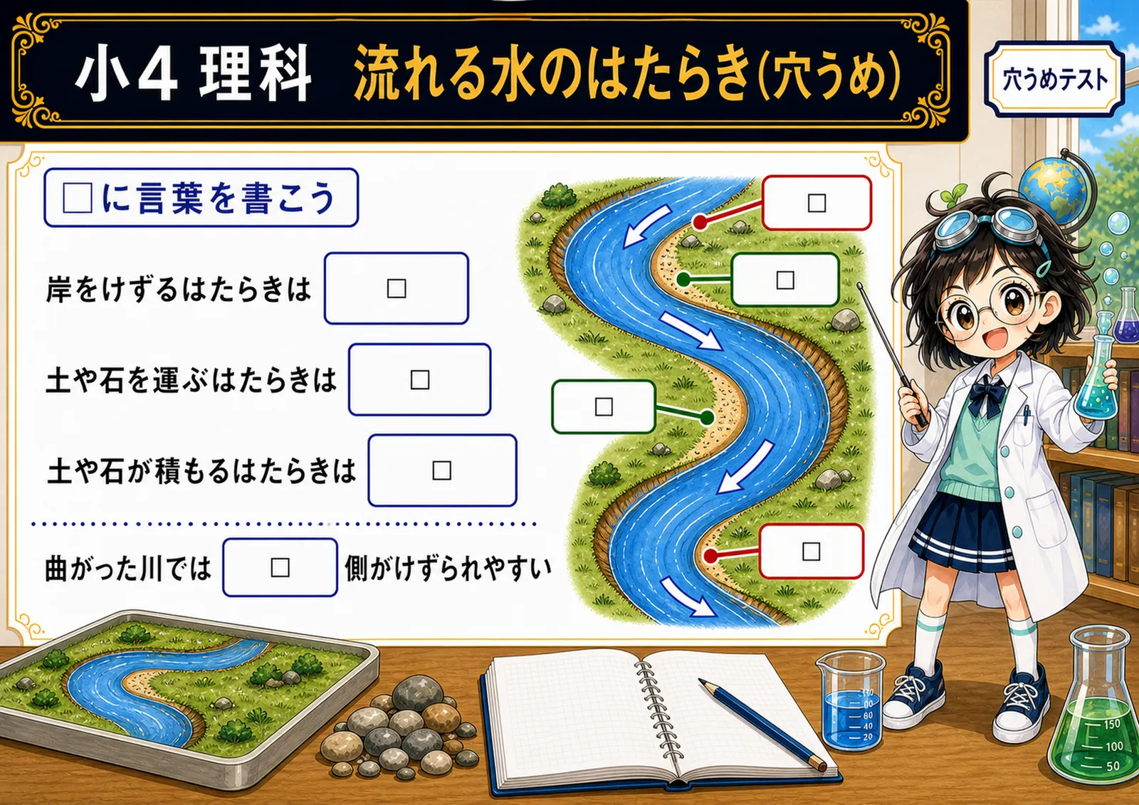 流れる水のはたらき（穴うめ）