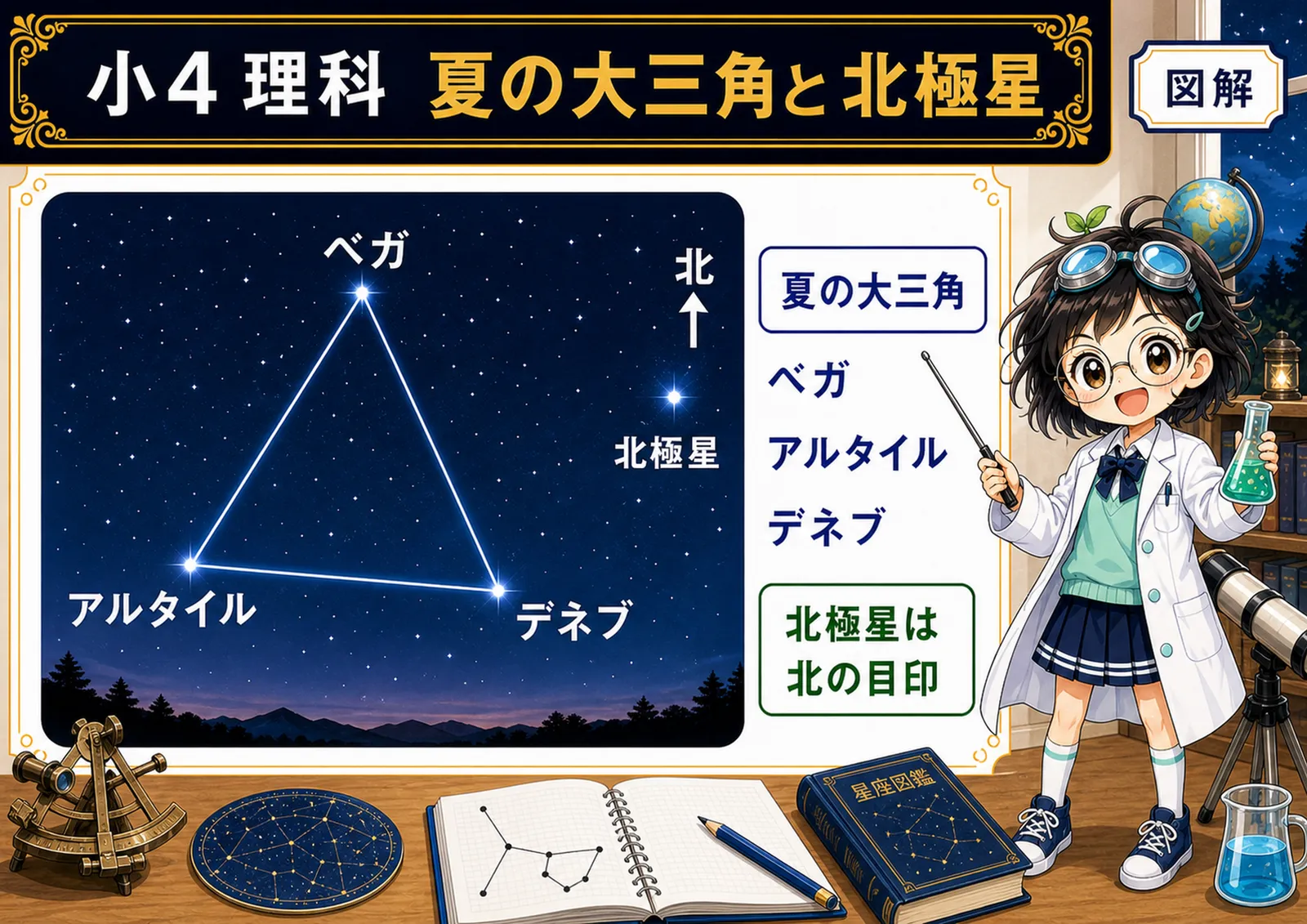 夏の大三角と北極星の図解