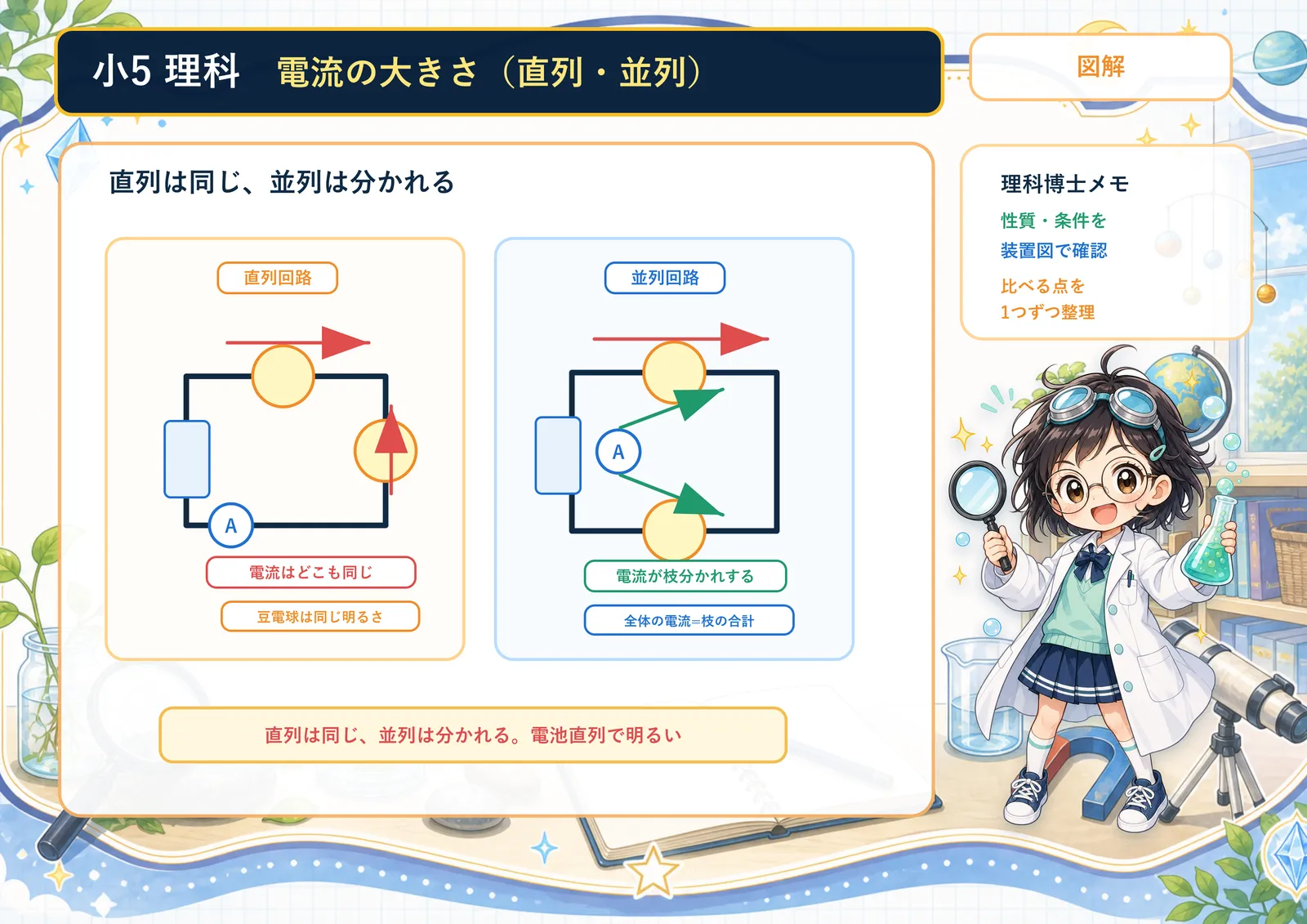 電流の大きさ（直列・並列）の図解