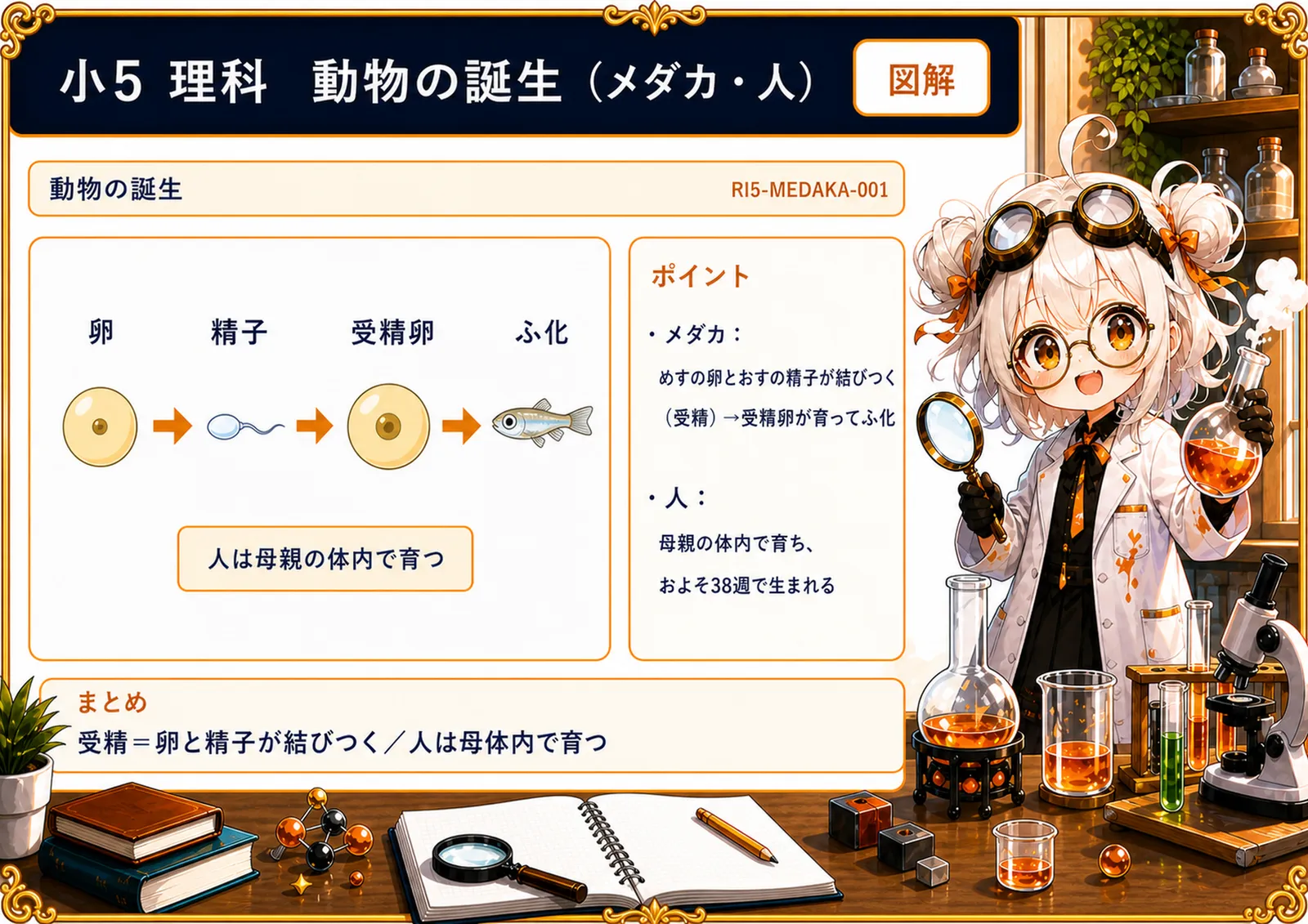動物の誕生（メダカ・人）の図解